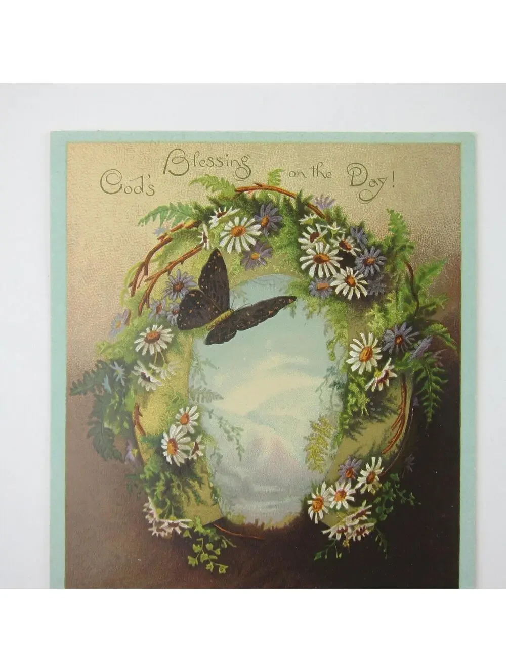 Victorian Greeting Card Purple White Daisy Flowers Butterfly Birds Antique 1883